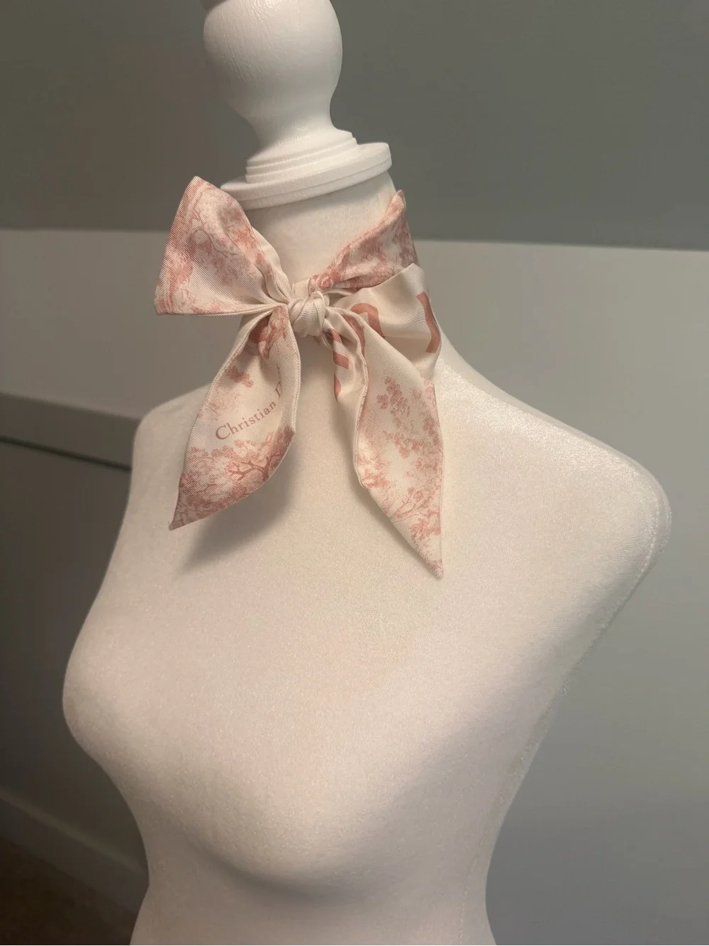 Christian Dior Mitzah Silk Scarf Toile de Jouy Sauvage Pink Beige Ribbon